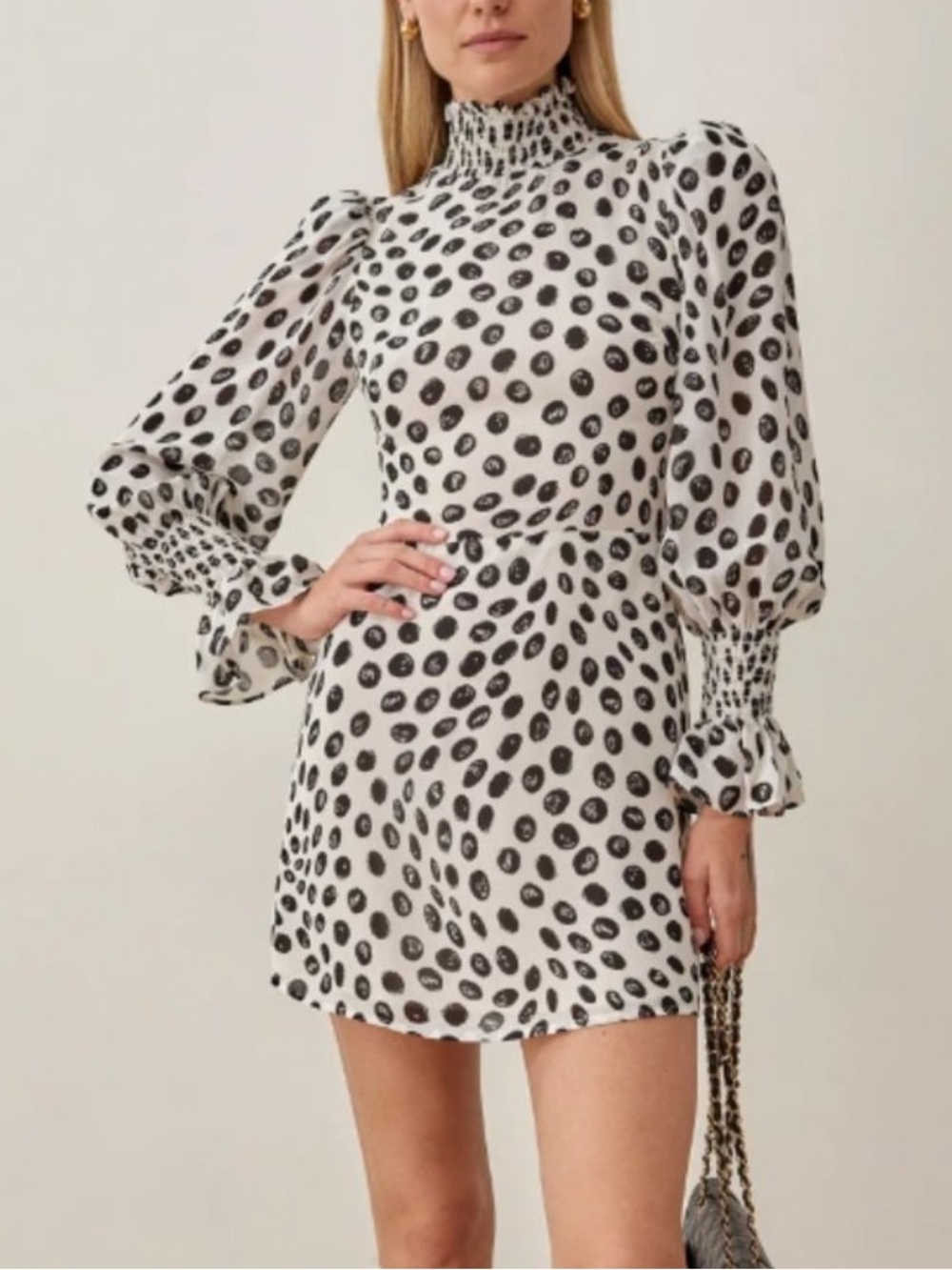 Reformation Archie Dress Black and White Polka Dot High-Neck Mini Size 2